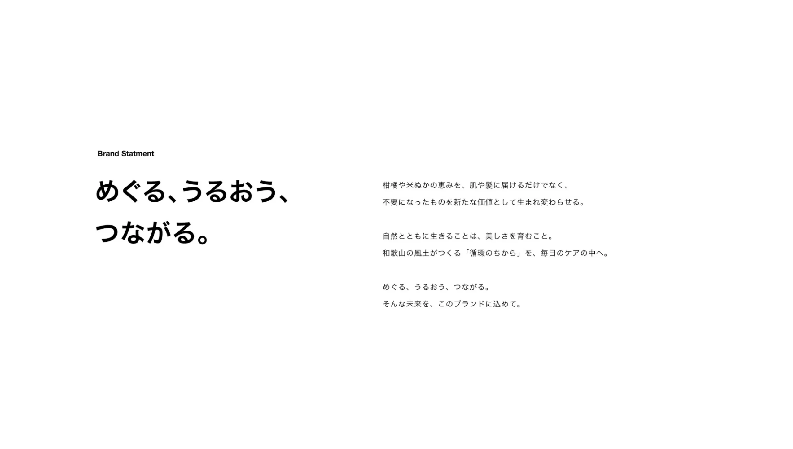 Brand Statment 柑橘や米ぬかの恵みを、肌や髪に届けるだけでなく、不要になったものを新たな価値として生まれ変わらせる。 自然とともに生きることは、美しさを育むこと。和歌山の風土がつくる「循環のちから」を、毎日のケアの中へ。 めぐる、うるおう、つながる。そんな未来を、このブランドに込めて。